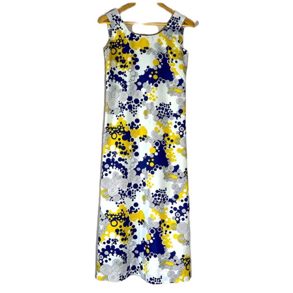 60s Abstract Dress Circle Pattern Blue Yellow White Midi Maxi Vintage 1960s VTG